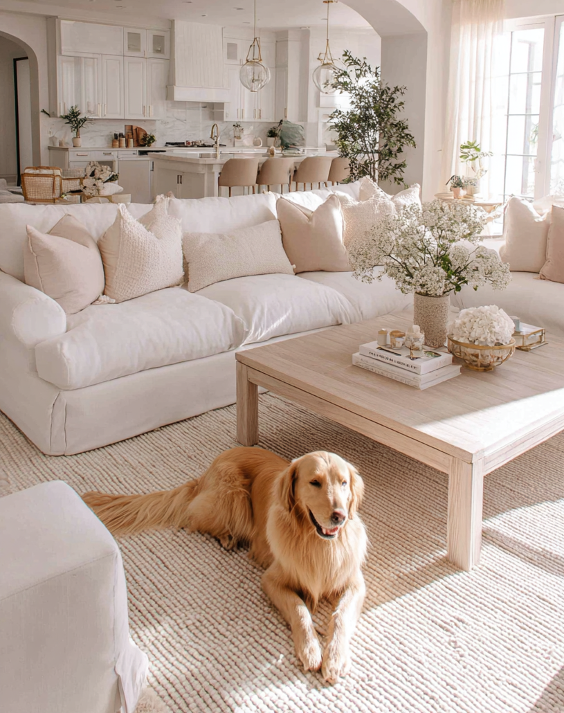 light and airy living room with golden retriever